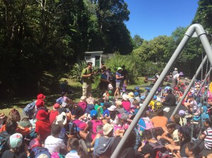 Seth Hoffman singing his song "Nature" with Mt. Cook School at the end of the field trip